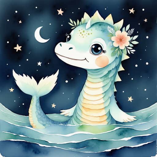 Nessie Sparkles peeks out of the dark water, her glimmering scales lit by moonbeams. In the background, gentle ripples spread across the lake.