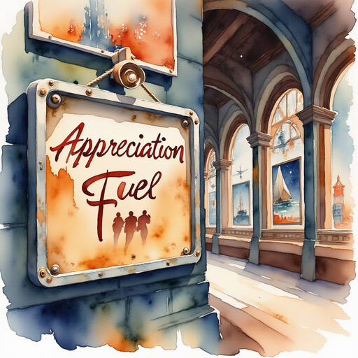 A shiny metal sign with the words “Appreciation Fuel” painted in swirling letters. In the background, tall stacks of old travel posters line the platform walls.