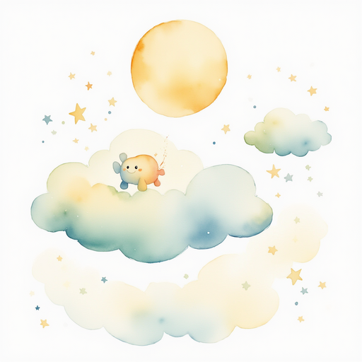 A soft puzzle piece floating by, shaped like a fluffy cloud In the background, pale sunlight stretches