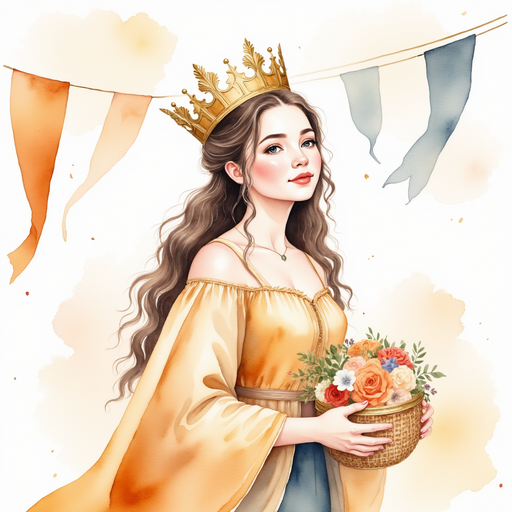 The queen stands with a gentle expression, wearing a golden crown and holding a woven basket. In the background, banners flutter in the breeze.