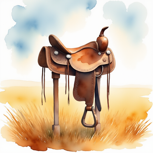 Center the image on the saddle placed neatly on the post, the stirrups dangling. In the background, the golden prairie stretches under a luminous sky