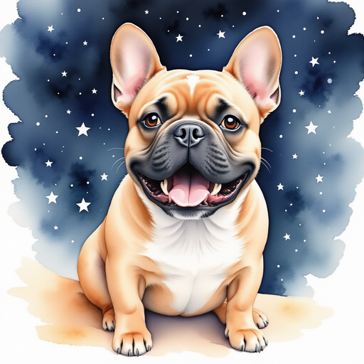 Frenchie laughing under a night sky