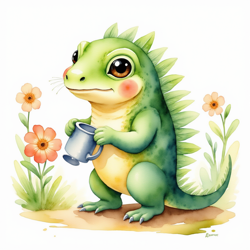 Show Blossom Sprout gently watering seeds with a small can. In the background: A cluster of bright wildflowers.