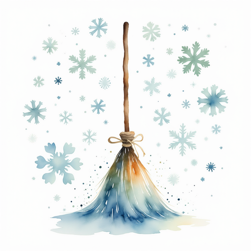 A sturdy broom made of shimmering ice In the background: playful confetti of snowflakes
