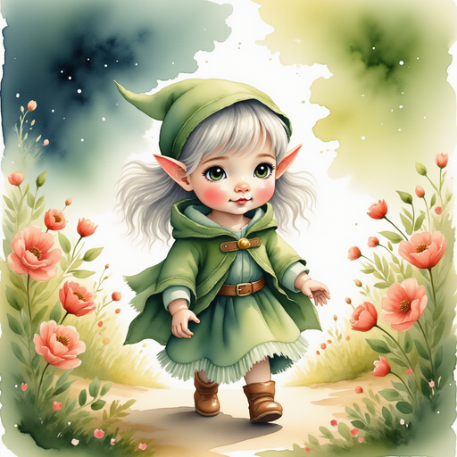 Flicker Sparkleaf walking through vibrant blossoms, looking toward distant dark clouds In the background, swirling breezes carry bits of leaves