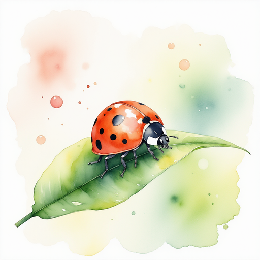 A tiny pink ladybug crawls on a leaf. In the background: shimmering dewdrops