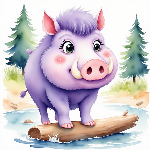 Brutus tiptoes across a narrow log above the rushing water. In the background stand tall pine trees.