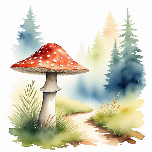 A tall, shimmering mushroom stands beside the path. In the background, low bushes line the forest floor.