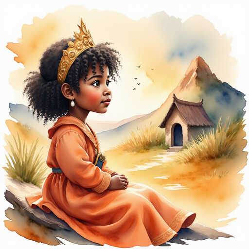 Show Storm Sage sitting calmly by a small hut, with Queen Neena speaking to him. In the background, gentle sunset colors washing over rolling hills