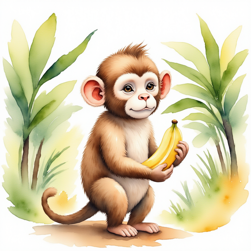 A small brown monkey holding a banana. In the background, tall banana trees.