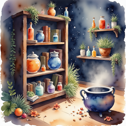 A dusty bookshelf stands by a small cauldron, with a few shimmering flakes scattered on the floor. In the background, tall jars of rainbow liquids