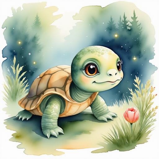 Bonnie the wise old turtle, looking thoughtful as it speaks in riddles. In the background, an enchanting forest with twinkling lights.