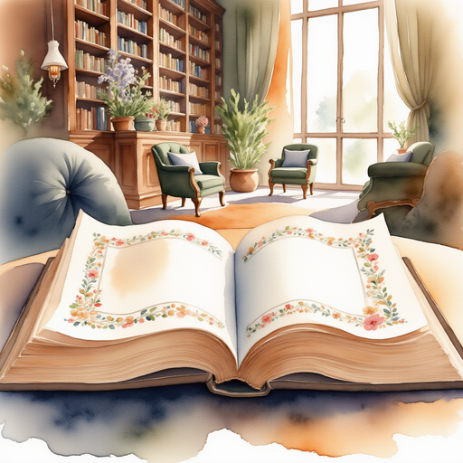 A beautifully bound and ornate book laying open on a table, as if inviting someone to read. In the background, a softly lit library corner with cushioned chairs.