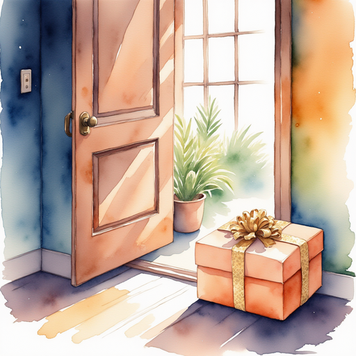 A mysterious gift wrapped in shiny paper placed on the floor beside the tiny door. In the background, a small window lets in a gentle stream of sunlight.