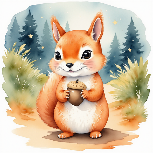 Charlie's favorite acorn snack tied in a neat little bundle. In the background, a forest path gently lit by fireflies under the moonlight.