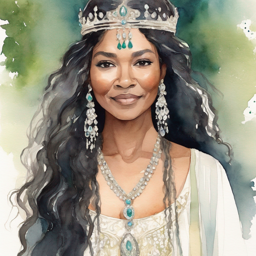 Sibylline crown jeweled long wavy tribal hair ceremonial gown in place