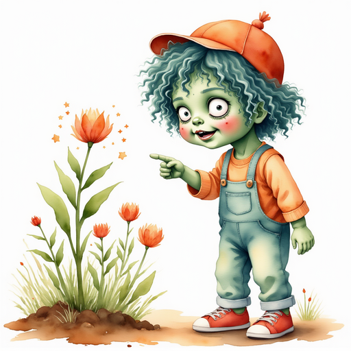 Zigzag Zander pointing confidently at a drooping flower while the talking plants nod excitedly. In the background, browning leaves and patchy soil.