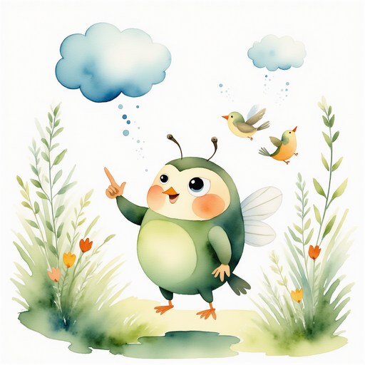 Wigglebug points up politely toward the cloud, smiling hopefully. In the background, faint chirping birds flutter among branches