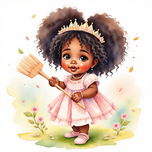 Princess Zoombella - who is black - rakes leaves with a gentle smile. In the background, pink blossoms sway.