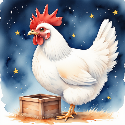 Cluckster leans toward the magic box, wings fluttering. In the background, there are twinkling stars in the midnight-blue sky.