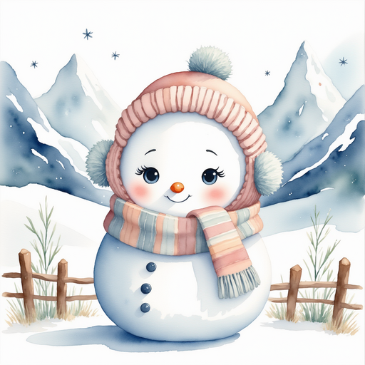 Frostyline Fable stands beside a rustic fence, gazing at towering snowy peaks. In the background, snow-topped mountains loom under a bright winter sky