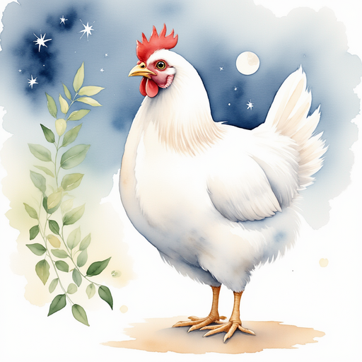 Show Cluckster standing on one foot, beak open in song. In the background, dappled moonlight shining through leaves.