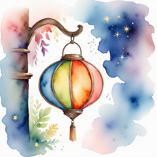 Focus on a Rainbow Lantern hanging from a curved metal post, pulsing with color. In the background, soft cosmic mist swirls.