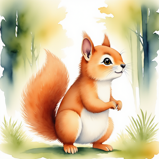 A little squirrel, Sammy, stands at the edge of a sunny forest, looking excitedly up at the sky. In the background, sunbeams filter through the tall trees of the forest.