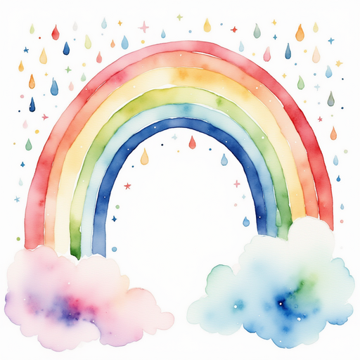 A swirling rainbow arching high with glittering drops. In the background, fluffy clouds watch quietly.