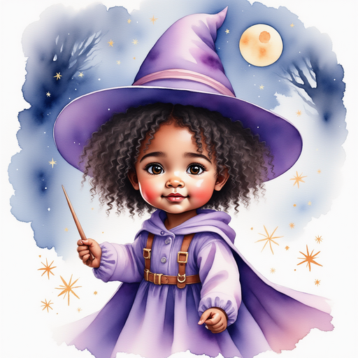 Willow Charms lifts her wand, and little sparks twirl around her hat. In the background, shadows of tree branches sway under the moonlight.
