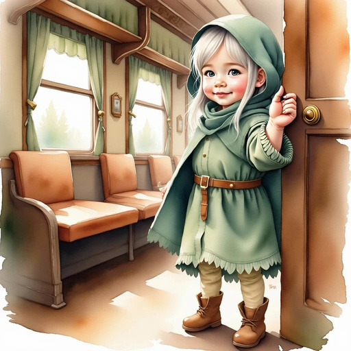 Flicker Sparkleaf gently placing a hand on a squeaky car door while observing families. In the background, a row of wooden benches lines the interior of the train car.