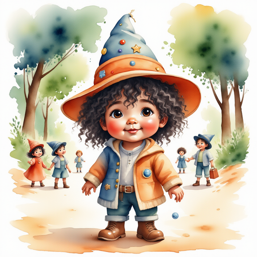 Show Zippy Zapata tipping his wizard hat with a wide smile. In the background, children play under tall trees.