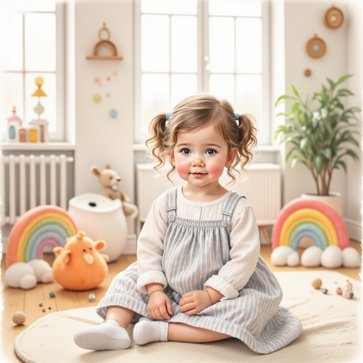 Sofia playing in her room, surrounded by soft toys and rainbow decorations.
