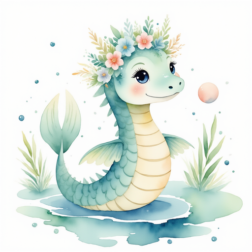 Show Nessie Sparkles enjoying her breakfast with a big smile. In the background, faint sunlight sparkles over clear water.