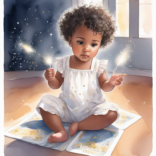 Aset unconvinced short curly hair wearing a white romper Flickering sparks of magic around in a dimly lit room tarot cards scattered on floor