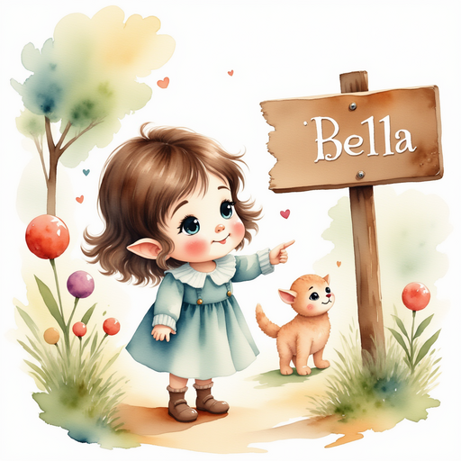 Bella, the tiny curious elf, cheerfully pointed out the candy letters on the signpost. A quaint village scene with characters pondering the riddle.
