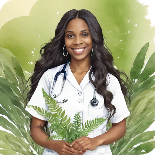 Taylin nurse scrubs uniform long wavy hair, holding a fern in hand celestial brown and green celestial shimmering landscape