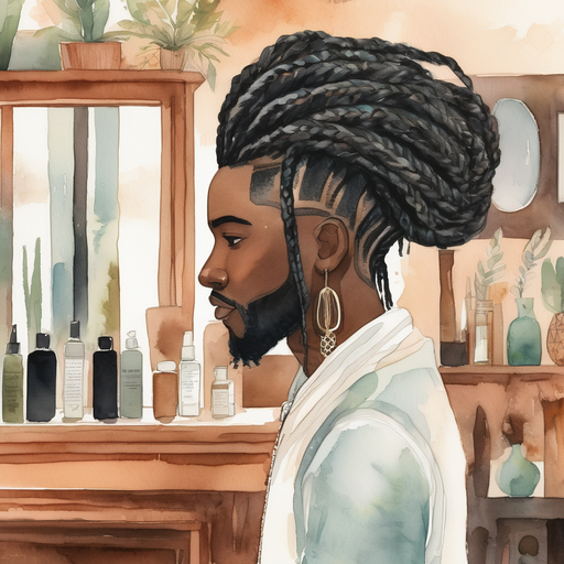 Intricate designed style on long dreadlocks braided into african american man's hair in Mazzy's Salon.