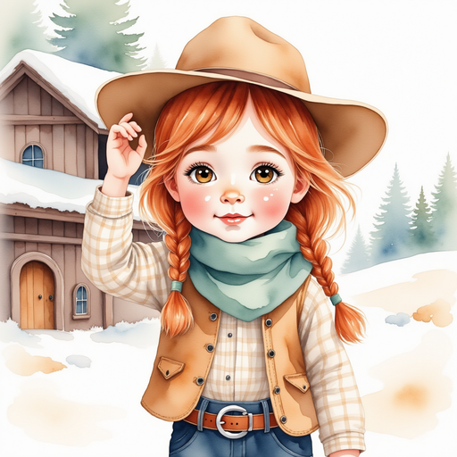 Calamity Kate tipping her hat near the barn door. soft snowy hills