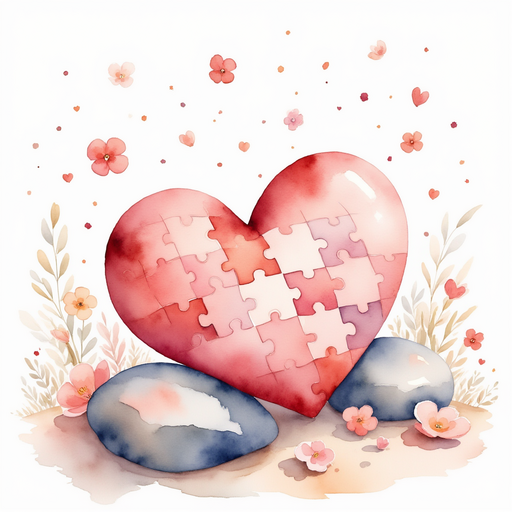 A close-up of a heart-shaped puzzle piece resting on a rock. In the background, flower petals are gently sprinkled on the ground.