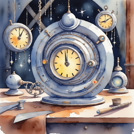 A swirling silver contraption with tiny jeweled lights sits on the workbench. In the background, glowing clock faces tick softly.