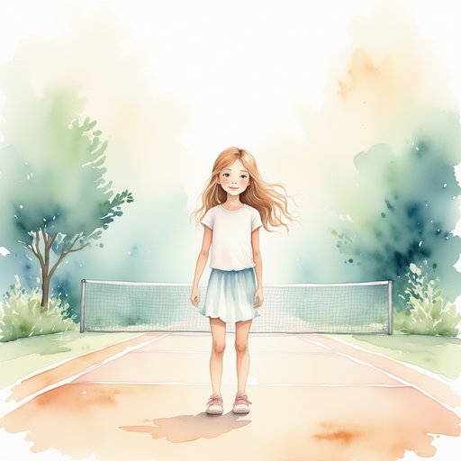 Vivian standing at the entrance of a large tennis court, looking determined.