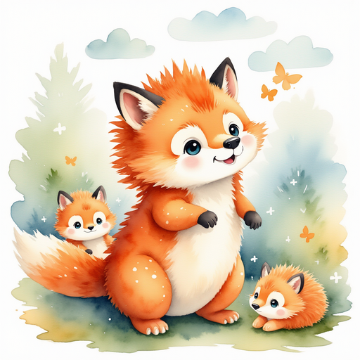 Illustrate the forest filled with giggles, focusing on Fire B sneezing with joy. In the background, a sky full of playful clouds