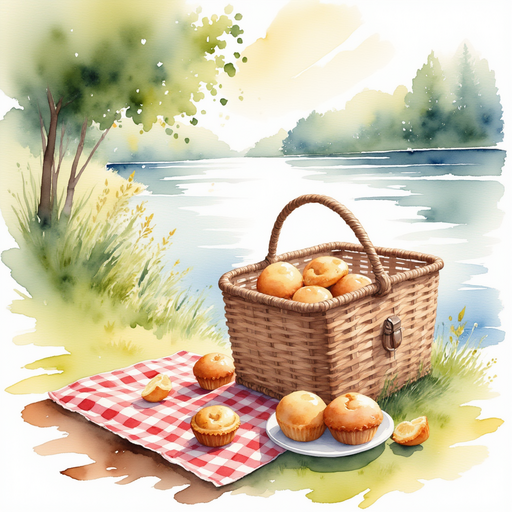 A tipped-over picnic basket next to the shimmering riverbank, with muffins scattered around on a red-checkered cloth. In the background, a serene river glistens under the warm afternoon sun.