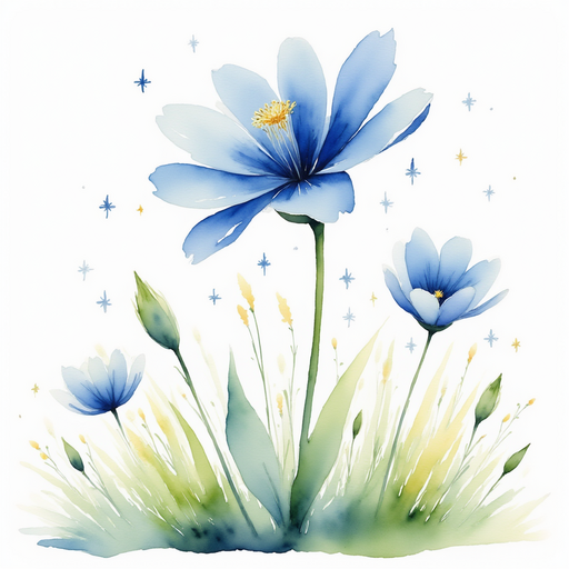 A big, blue flower sways gently. In the background tiny stars peek through the tall meadow grass.