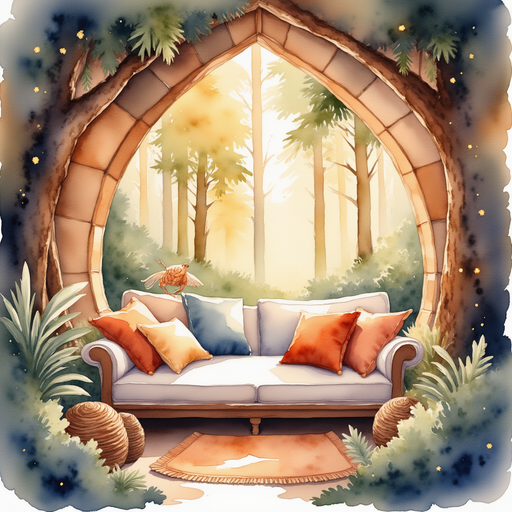 A small lounge corner with soft pillows in the hive. In the background gentle lights flicker over the cozy area.
