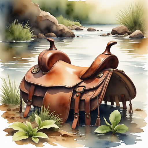 A sturdy leather saddle lies in the mud, partially covered by wet leaves. In the background, rocky riverbanks and scattered driftwood