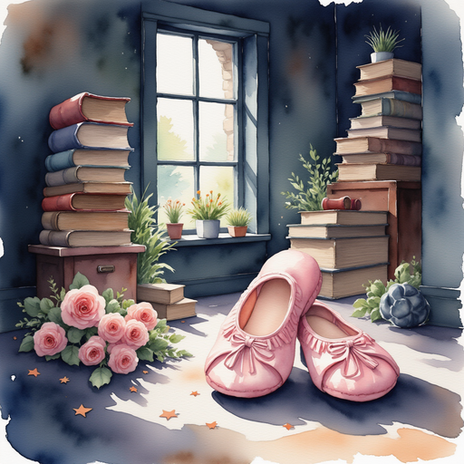 A pair of faded pink ballet slippers glowing softly in the dim attic. In the background, the corner is filled with stacks of forgotten books and blankets.