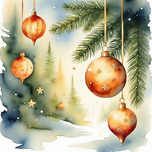 A bright golden ornament shimmering on a tall pine branch In the background, a soft glow of holiday lanterns
