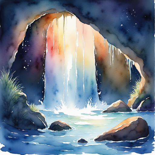 Illustrate a hidden cave behind the waterfall glowing with colorful lights. In the background, cascading water sparkling in the sunlight.